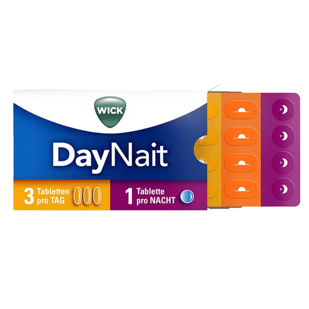 Eine Packung Medikamente namens DayNait mit Tabletten für Tag und Nacht.